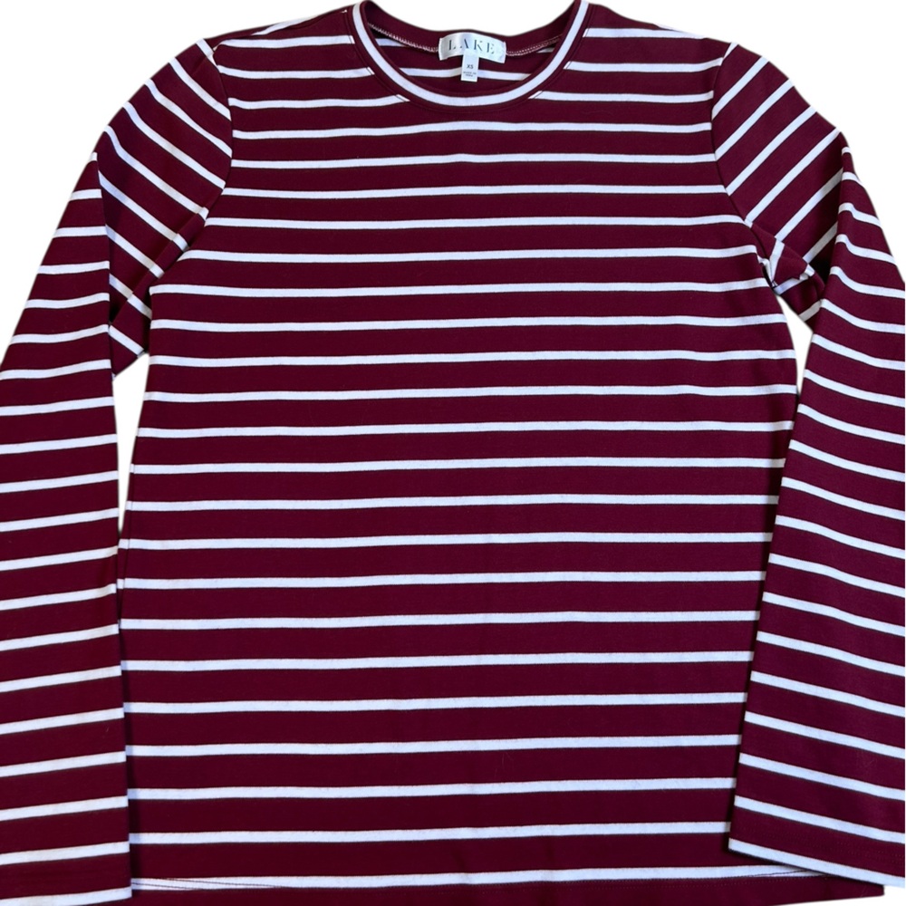 LAKE Luxury Loungewear Pima Cotton Striped Long Sleeve Tee XS Burgundy Soft‎